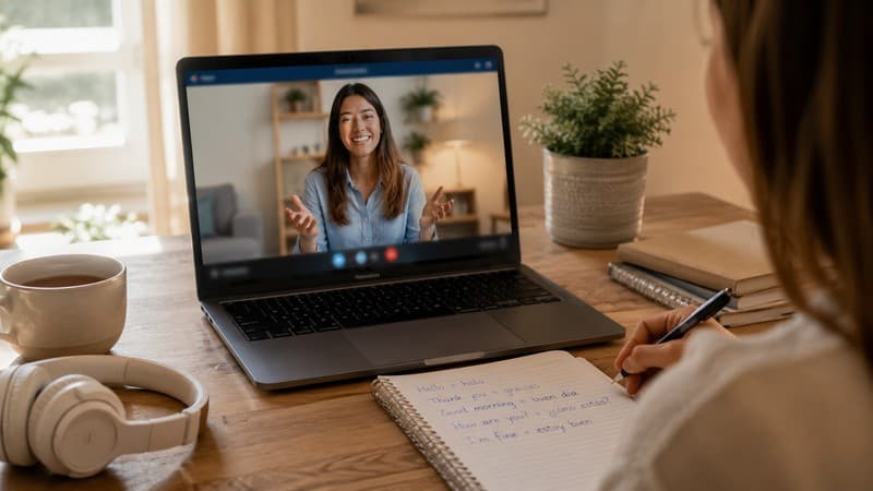 Alumna tomando una clase online de inglés por videollamada, con notas bilingües de vocabulario básico