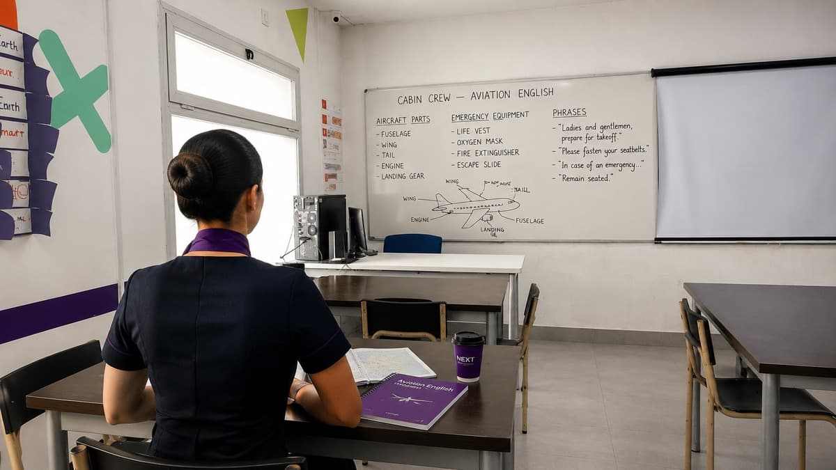 Estudiante de Tripulación de Cabina practicando inglés técnico aeronáutico en el aula
